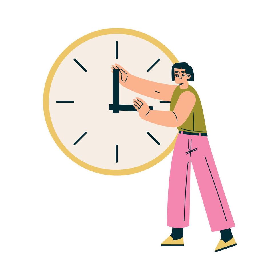 Multitasking Woman Character Doing Multiple Task Turn Arrow on Clock Dial Illustration vector