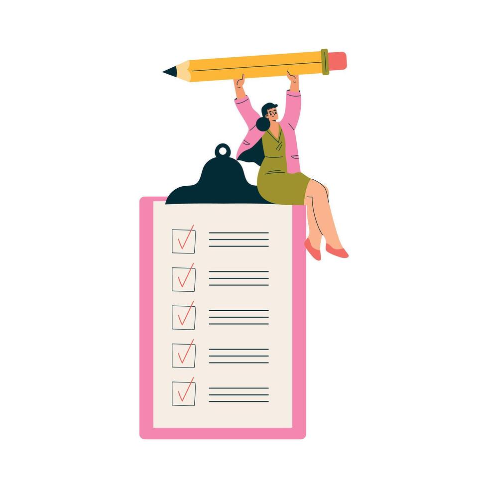 Multitasking Woman Character Doing Multiple Task Sit on Clipboard with Pencil Illustration vector