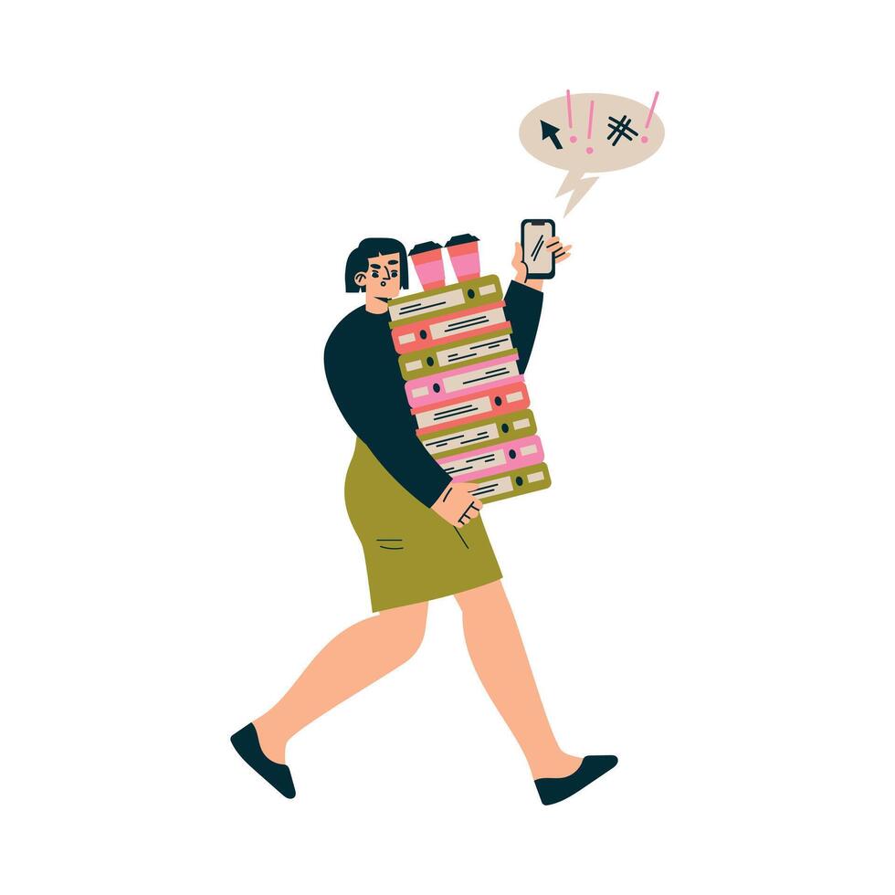 Multitasking Woman Character Doing Multiple Task Carry Pile of Folder with Coffee Illustration vector