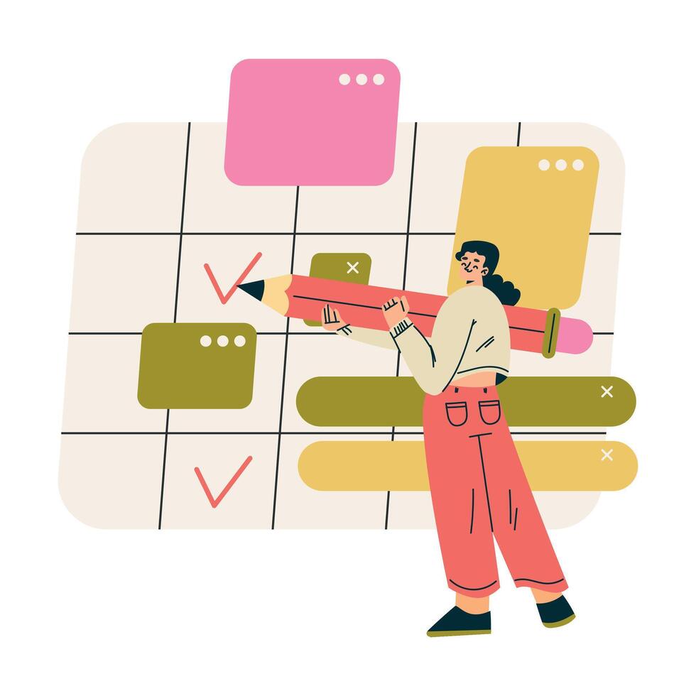 Multitasking Woman Character at Calendar Doing Multiple Task Illustration vector