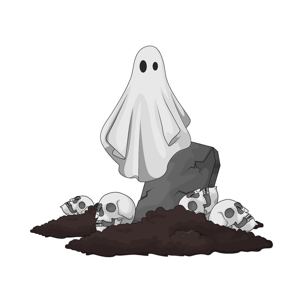 ghost in the graveyard with many skeletons illustration vector