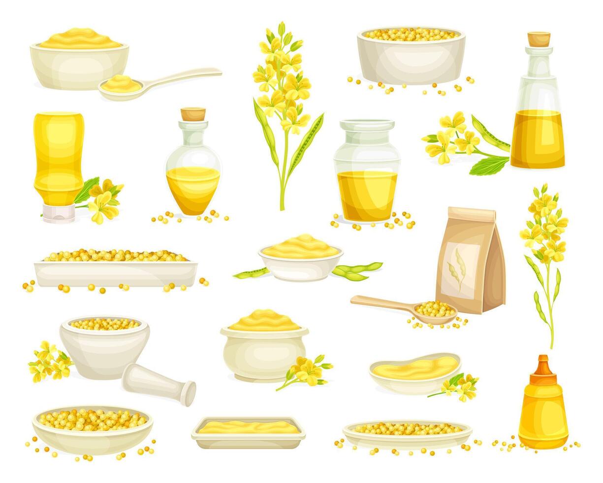 Mustard Yellow Plant and Pungent Condiment Set vector