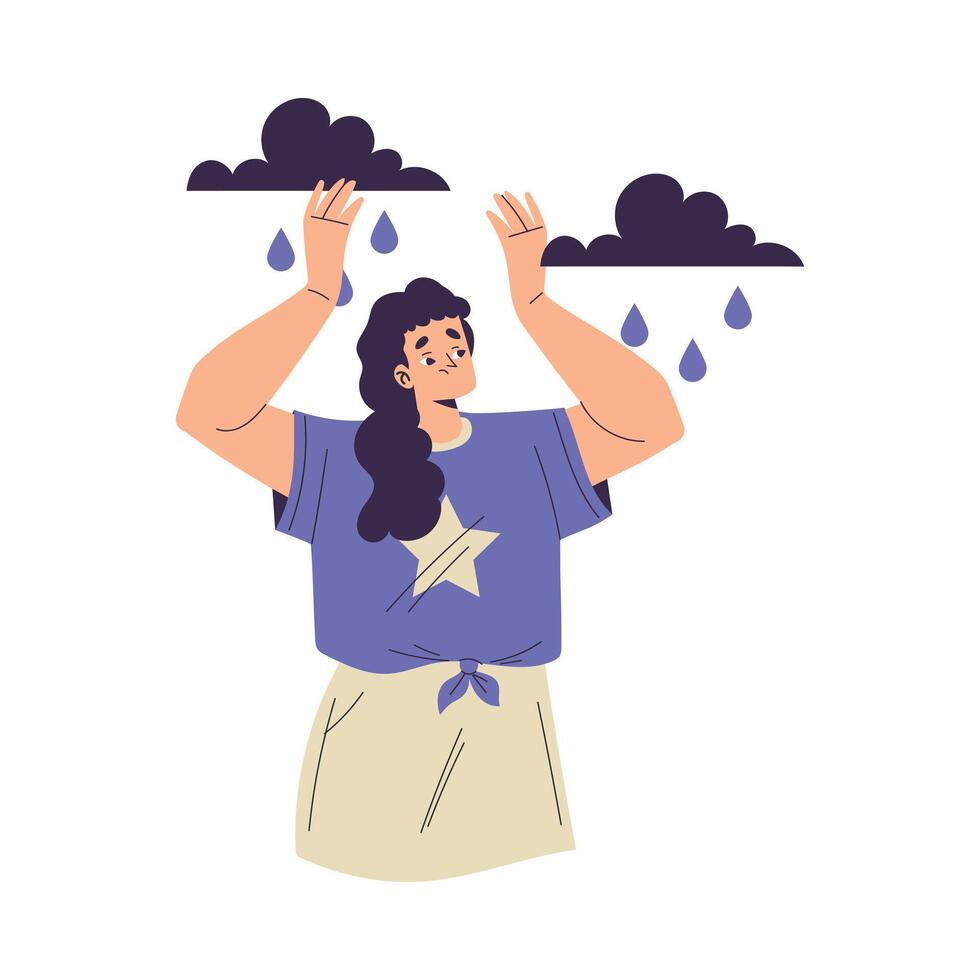 Negative Emotion with Woman Character Under Rainy Cloud Express Feeling Illustration vector