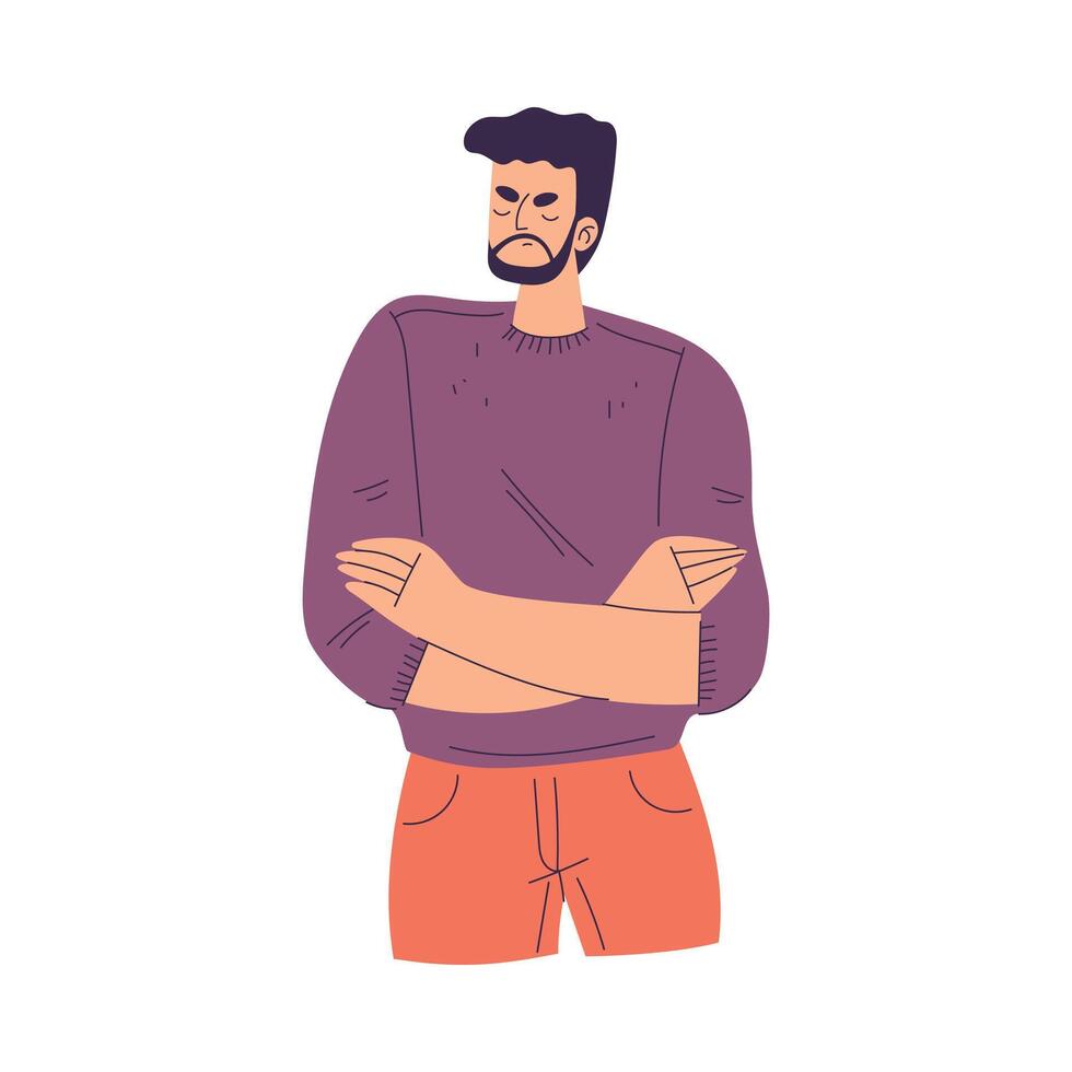 Negative Emotion with Man Character with Folded Arms Express Feeling Illustration vector