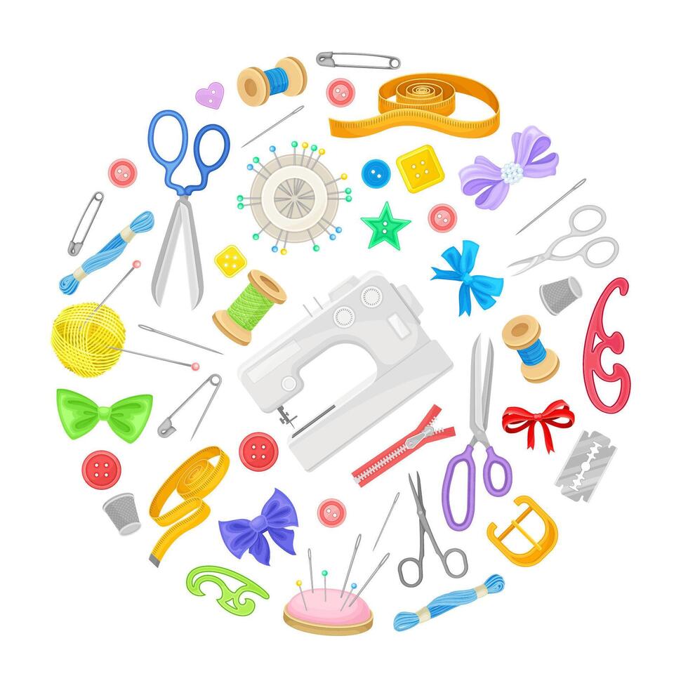 Needlework Round Composition Design with Tailor and Sewing Equipment Template vector