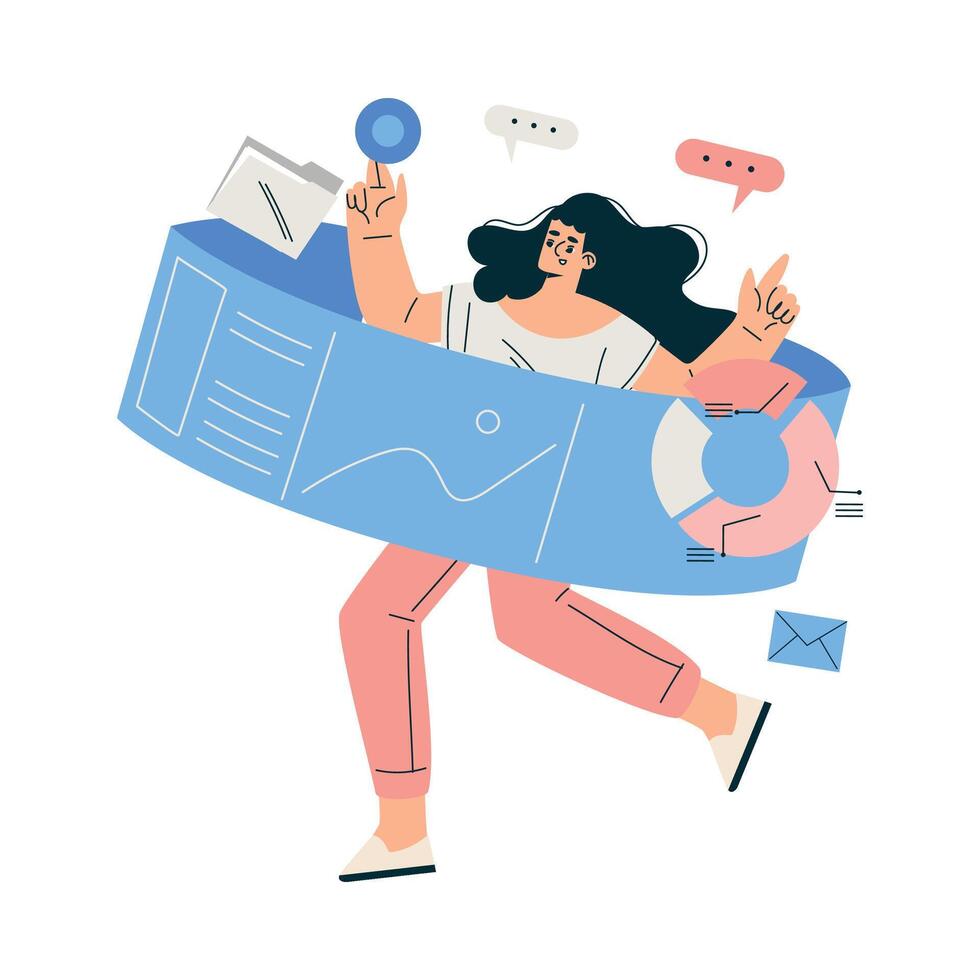 New Technologies with Woman Character Deal with Document on Screen Illustration vector