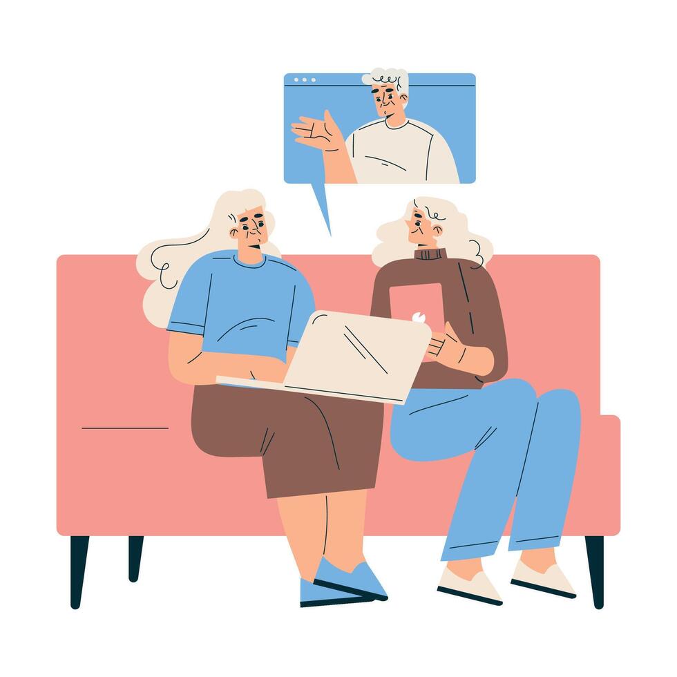 New Technologies with Senior Woman Character at Laptop Have Call Illustration vector