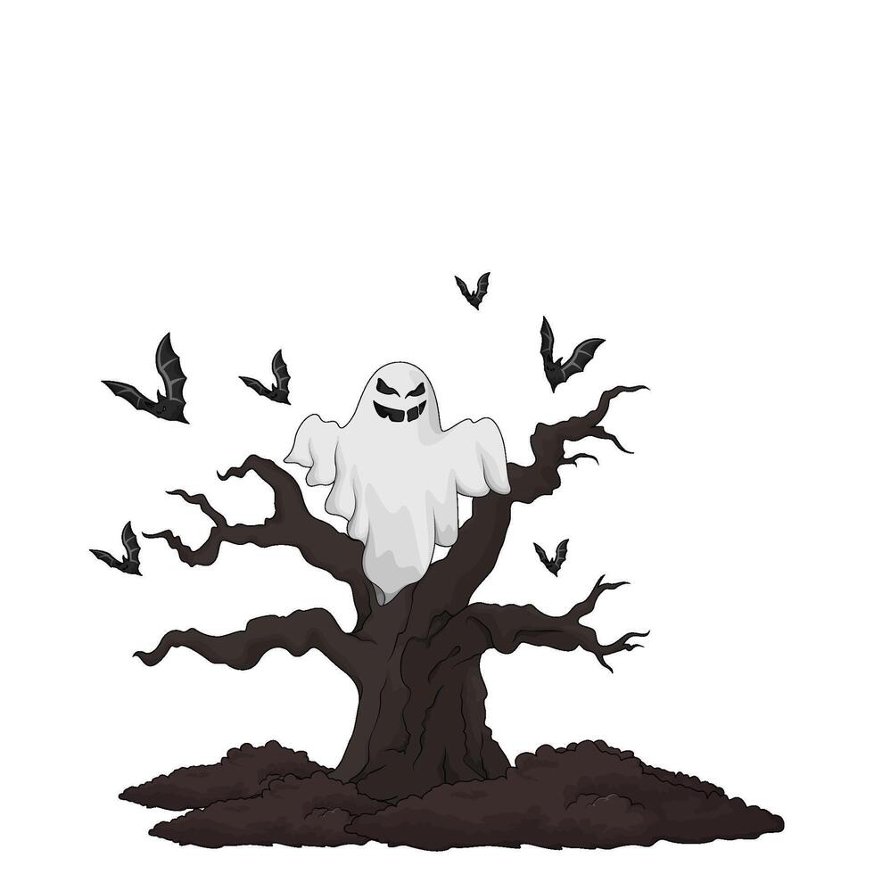 illustration of scary ghost in old tree vector