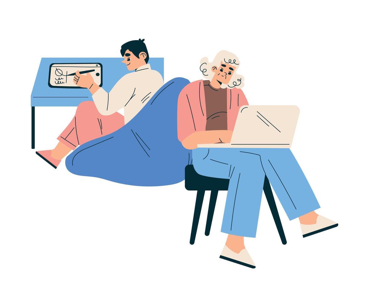 New Technologies with Man and Woman Character with Tablet and Laptop Drawing Illustration vector