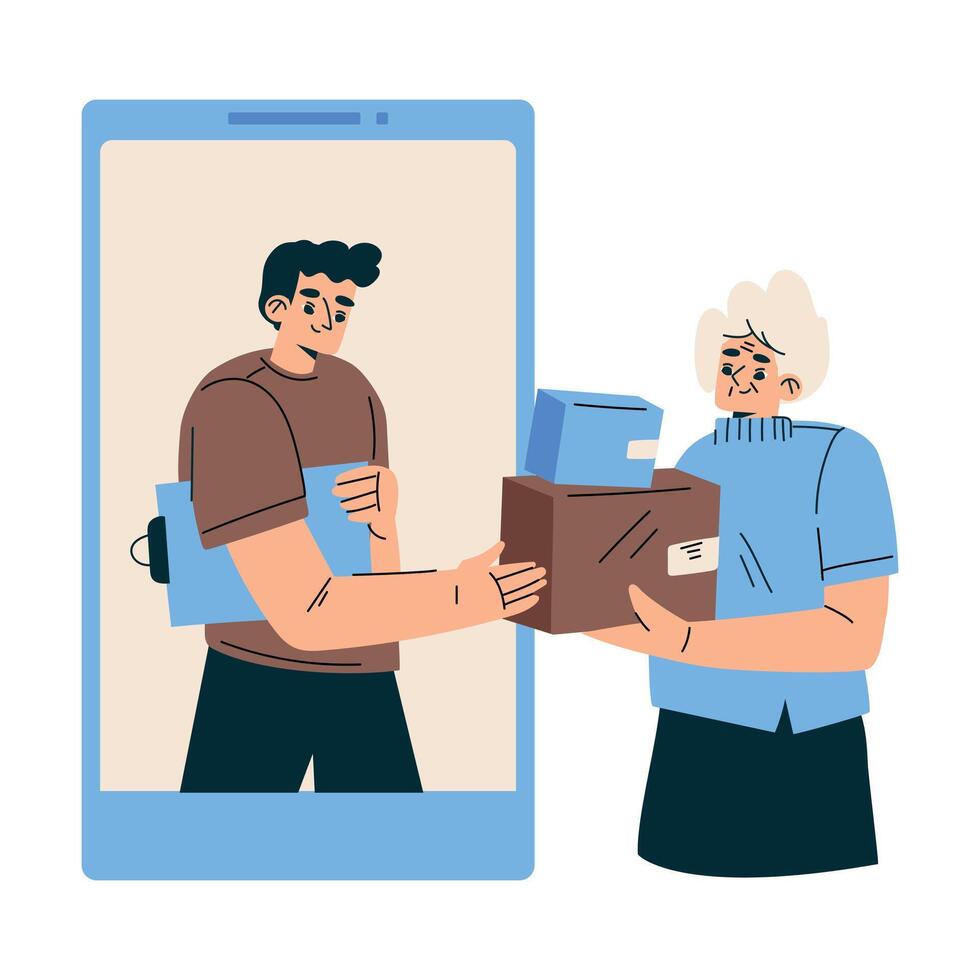 New Technologies with Senior Woman Character Receive Delivery from Smartphone Screen Illustration vector