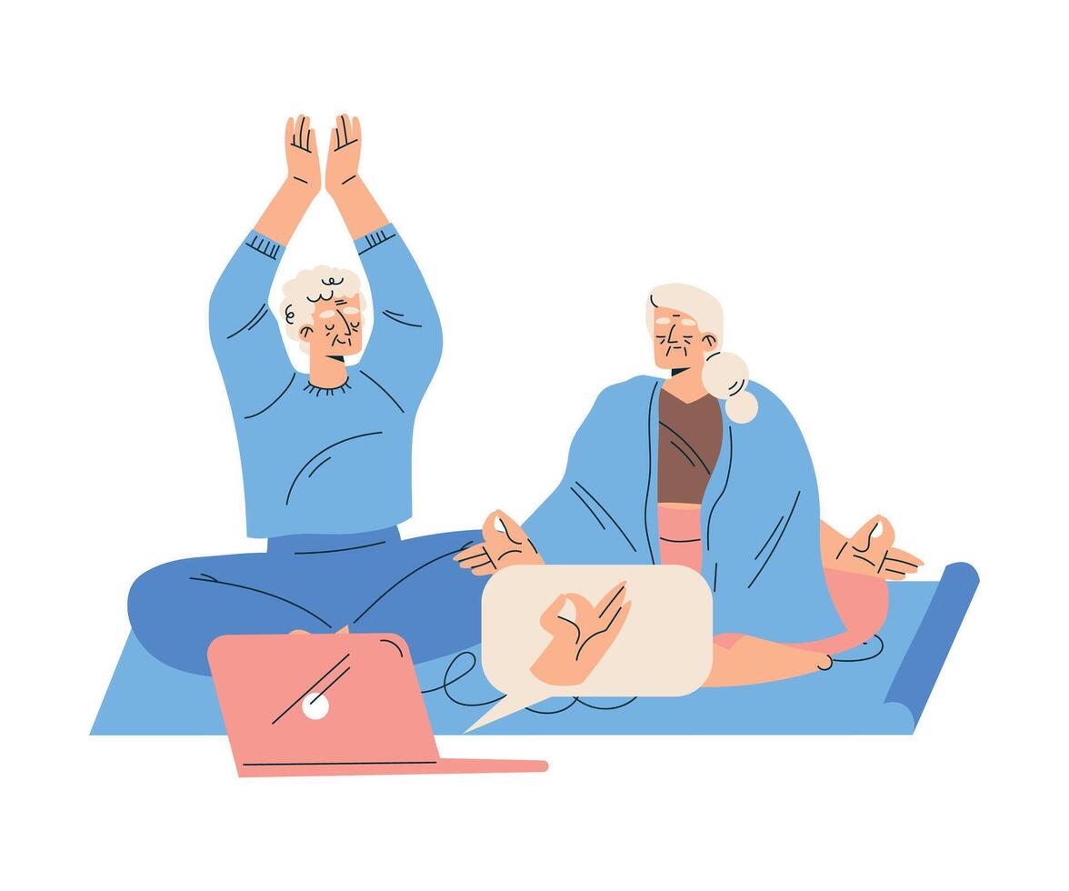 New Technologies with Senior Woman Character with Laptop Doing Yoga Exercise Illustration vector