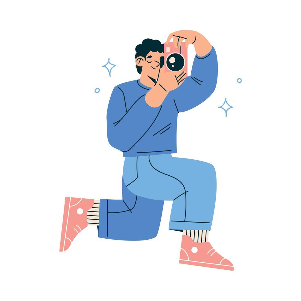 New Technologies with Man Character with Camera Take Photo Illustration vector