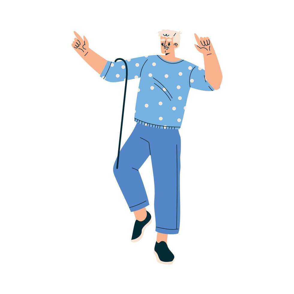 Man Pensioner Character with Cane Dancing to Music Engaged in Hobby Activity on Retirement Illustration vector