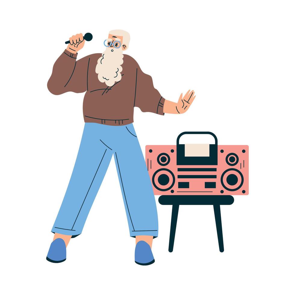New Technologies with Senior Bearded Man Character Sing Karaoke Illustration vector