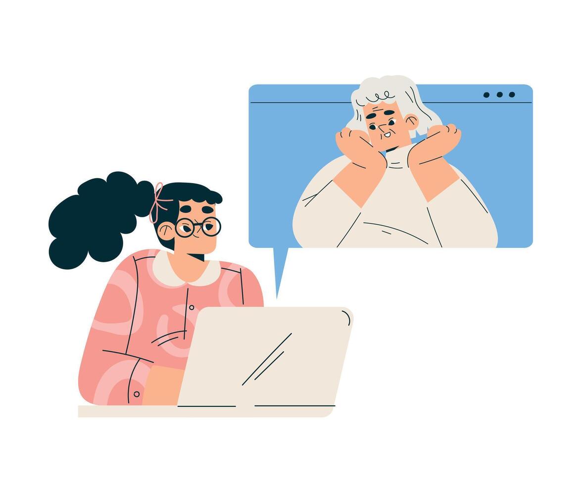 New Technologies with Woman Character with Laptop Have Online Call Illustration vector