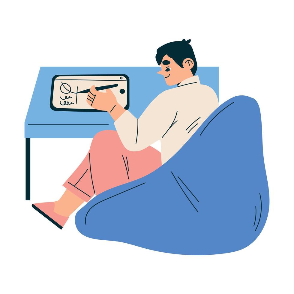 New Technologies with Man Character with Tablet Drawing Illustration vector