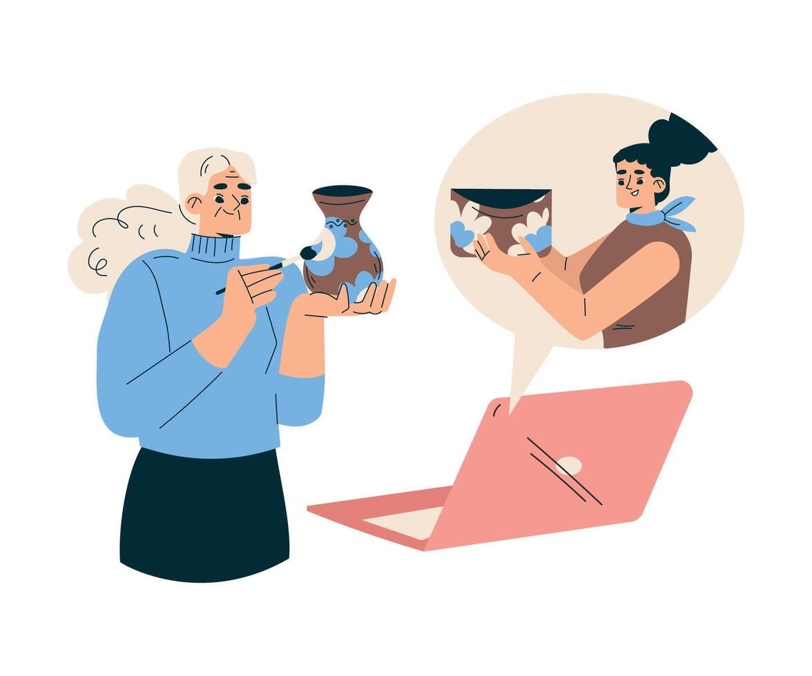 New Technologies with Senior Woman Character Learn Pottery at Laptop Tutorial Illustration vector