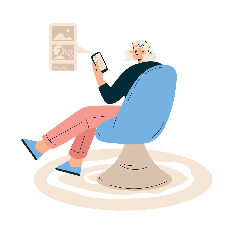 New Technologies with Senior Woman Character with Smartphone Sit on Chair Illustration vector