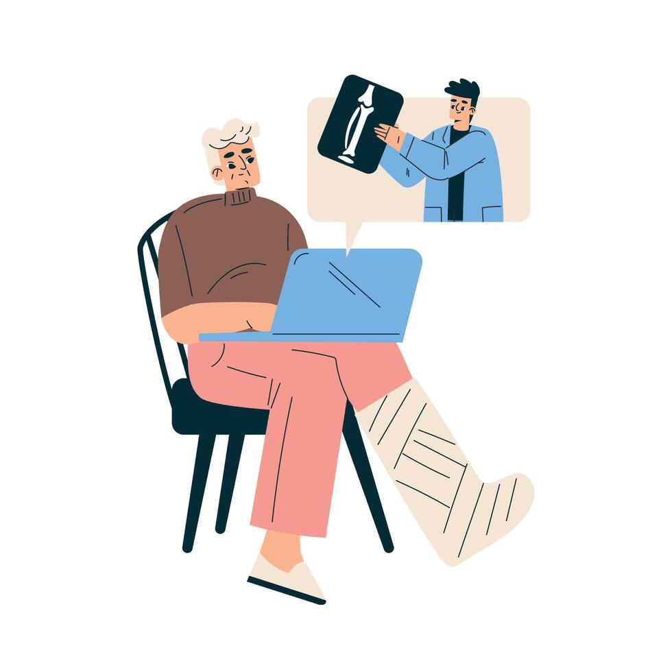 New Technologies with Senior Man Character at Laptop Have Doctor Appointment Illustration vector