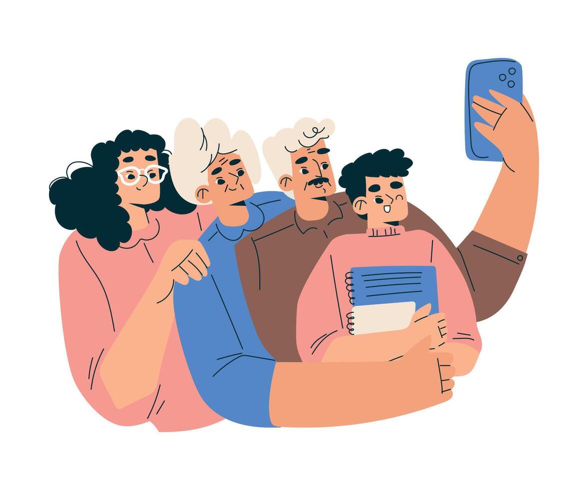 New Technologies with Man and Woman Character with Kid Take Selfie with Smartphone Camera Illustration vector