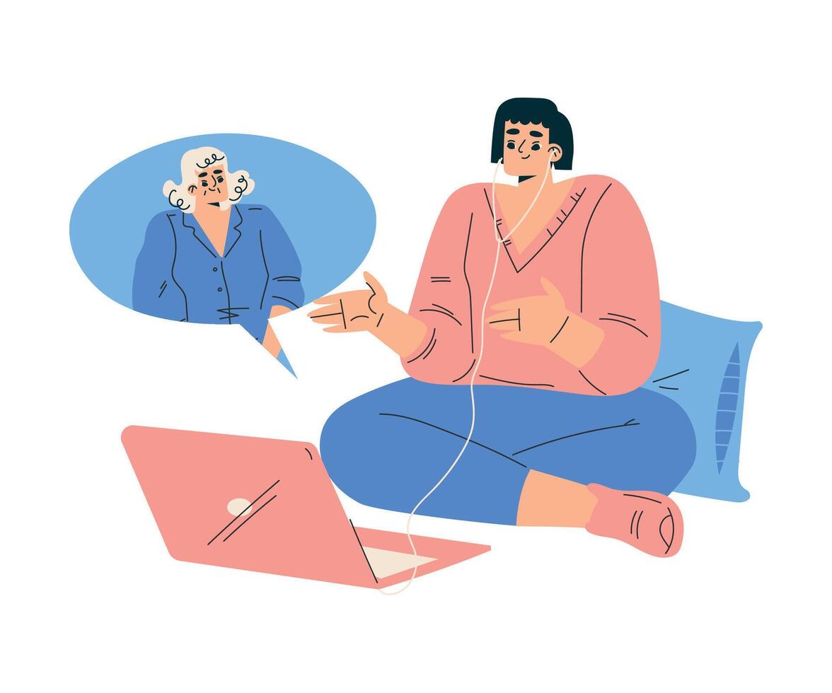 New Technologies with Woman Character at Laptop Have Call Illustration vector