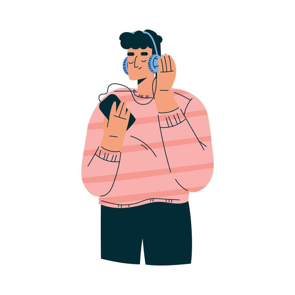New Technologies with Man Character Listen to Music with Headphone and Smartphone Illustration vector