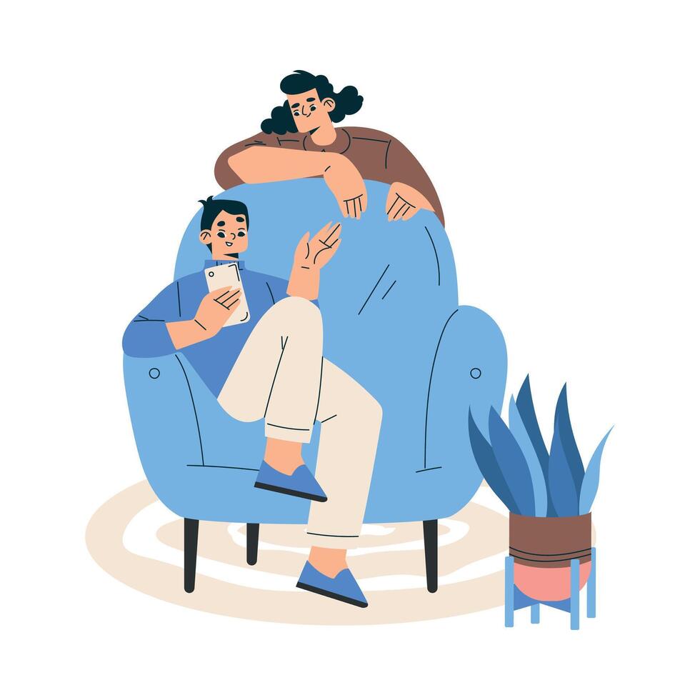 New Technologies with Man and Woman Character with Smartphone Illustration vector
