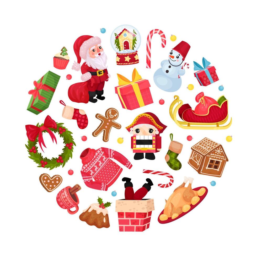 Merry Christmas and New Year Round Composition Design with Object Template vector