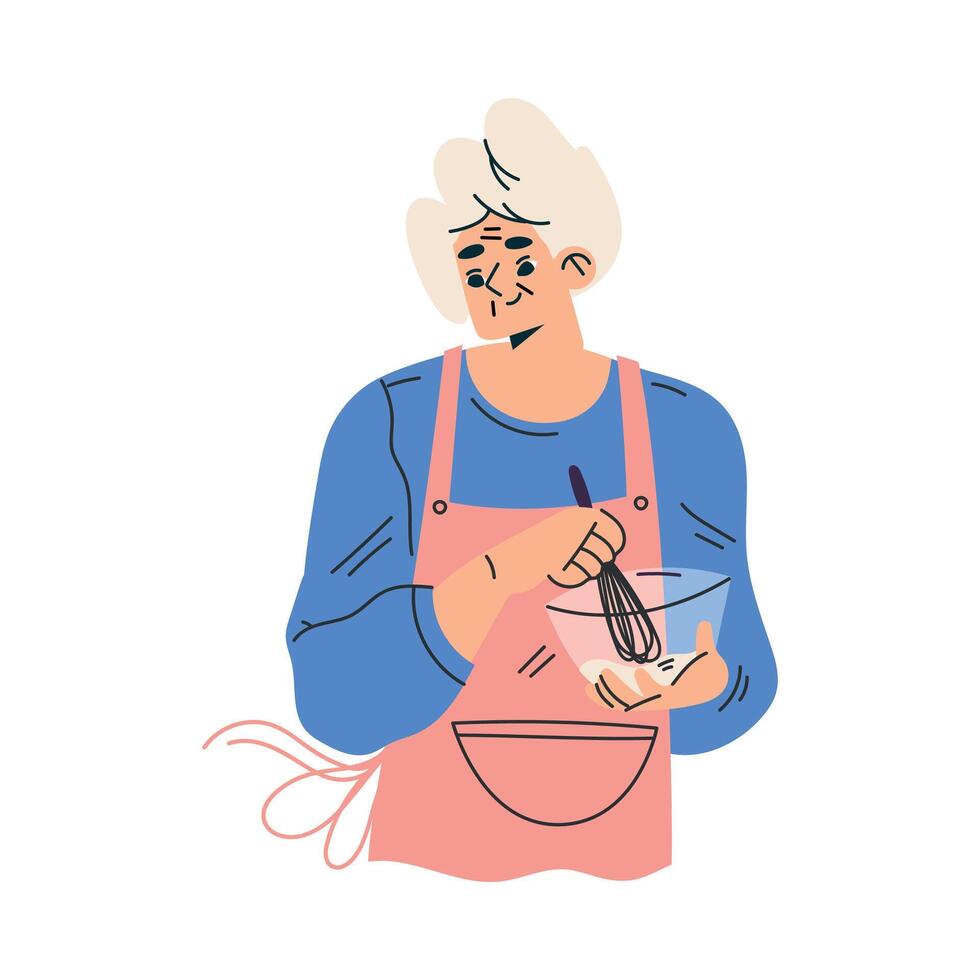 Senior Woman Character in Apron Cooking with Whisk and Bowl Illustration vector