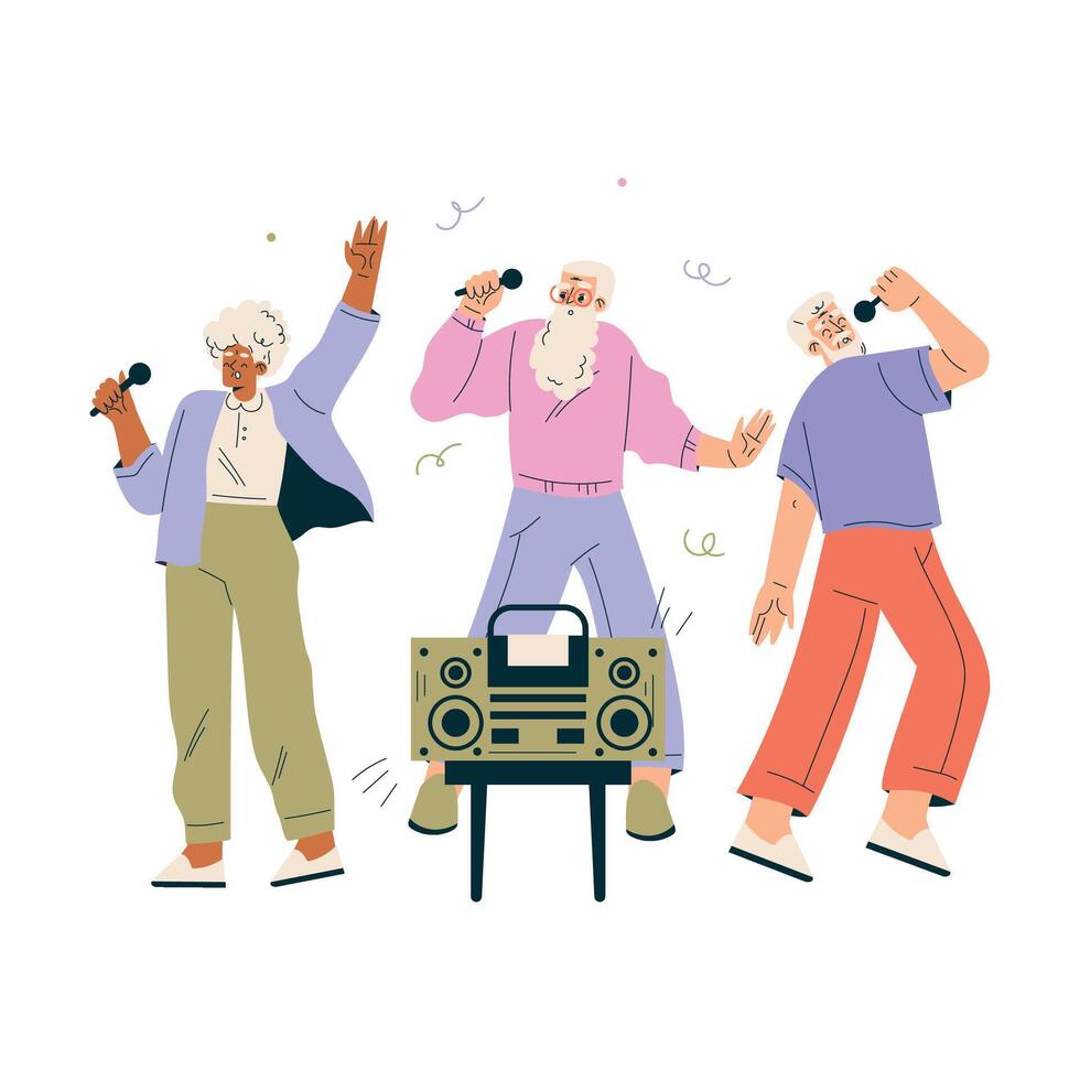 Nursing Home with Retired Man and Woman Character Sing with Microphone Illustration vector