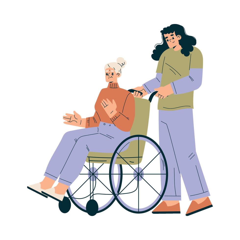 Nursing Home with Retired Woman Character on Wheelchair with Assistant Illustration vector