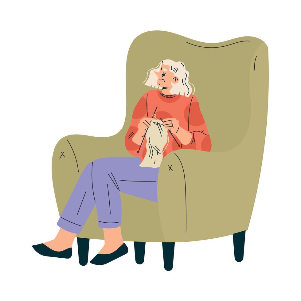 Senior Woman Character Sitting in Armchair and Knitting Illustration vector