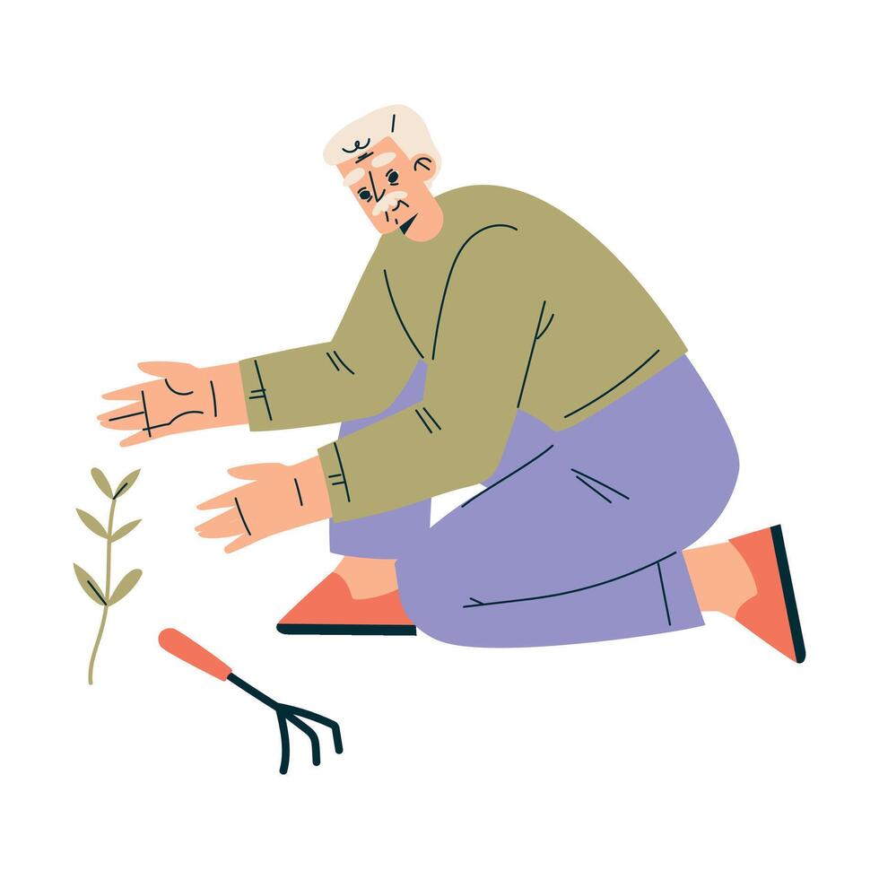Senior Man Character Gardening Sit on Ground with Rake Illustration vector