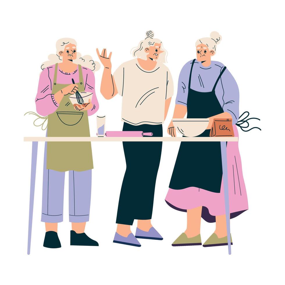 Nursing Home with Retired Woman Character Cooking and Baking Illustration vector