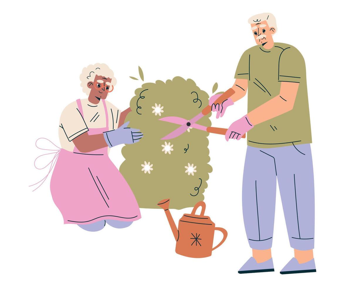 Nursing Home with Retired Man and Woman Character Prune Bush in the Garden Illustration vector