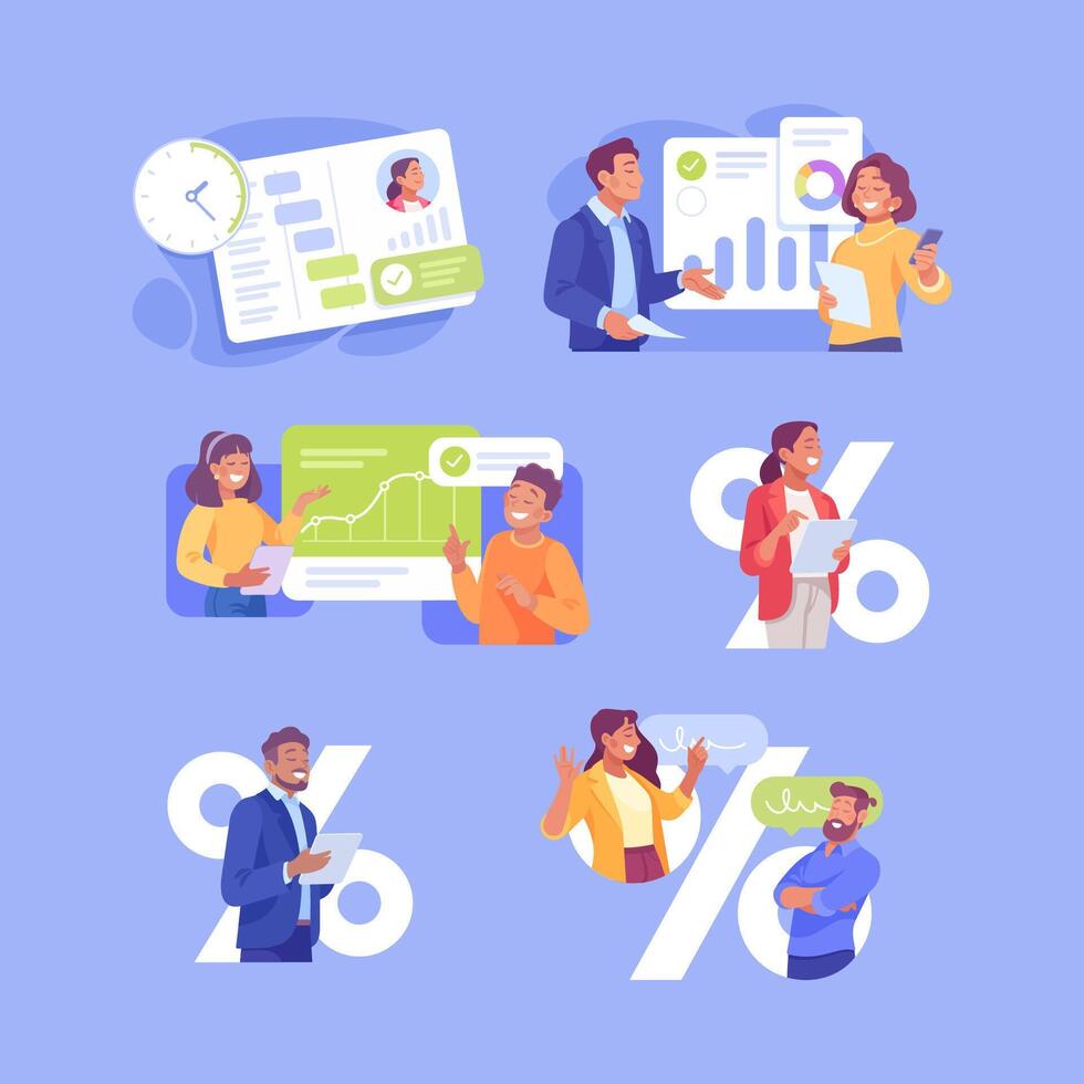 Business Process with Man and Woman Busy with Analytics Set vector