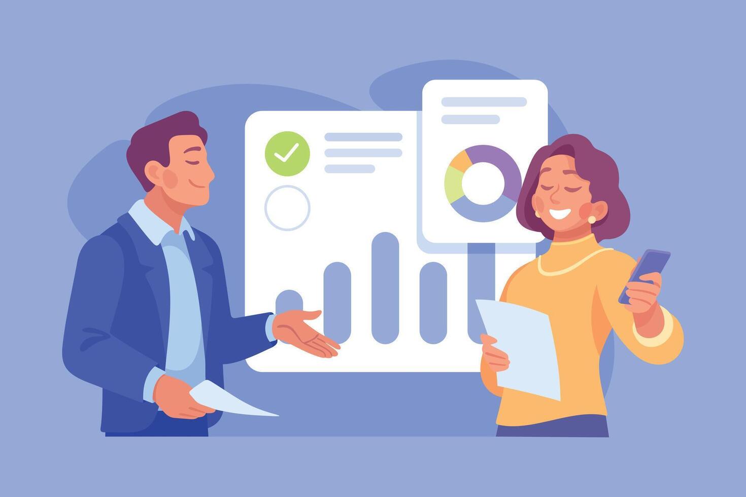 Business Process with Man and Woman Busy with Analytics Illustration vector
