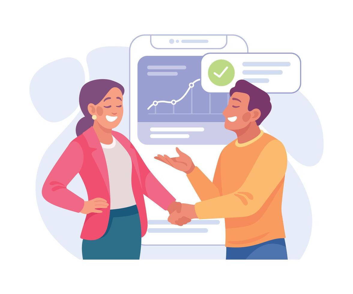 Business Process with Man and Woman Handshake Busy with Analytics Illustration vector