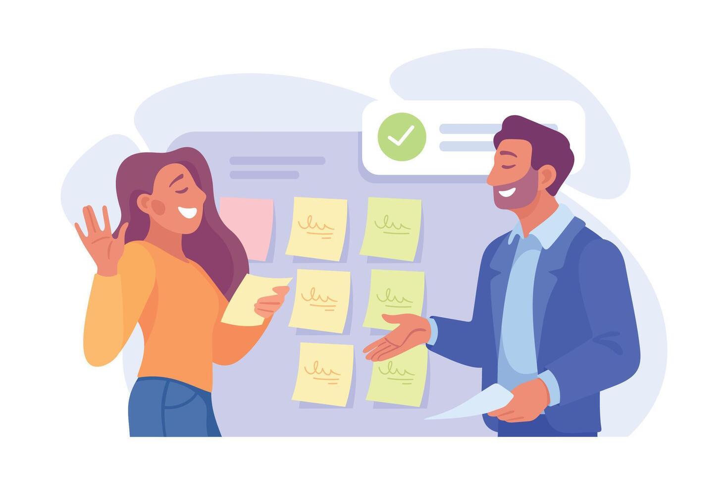 Business Process with Man and Woman at Task Board Busy with Analytics Illustration vector