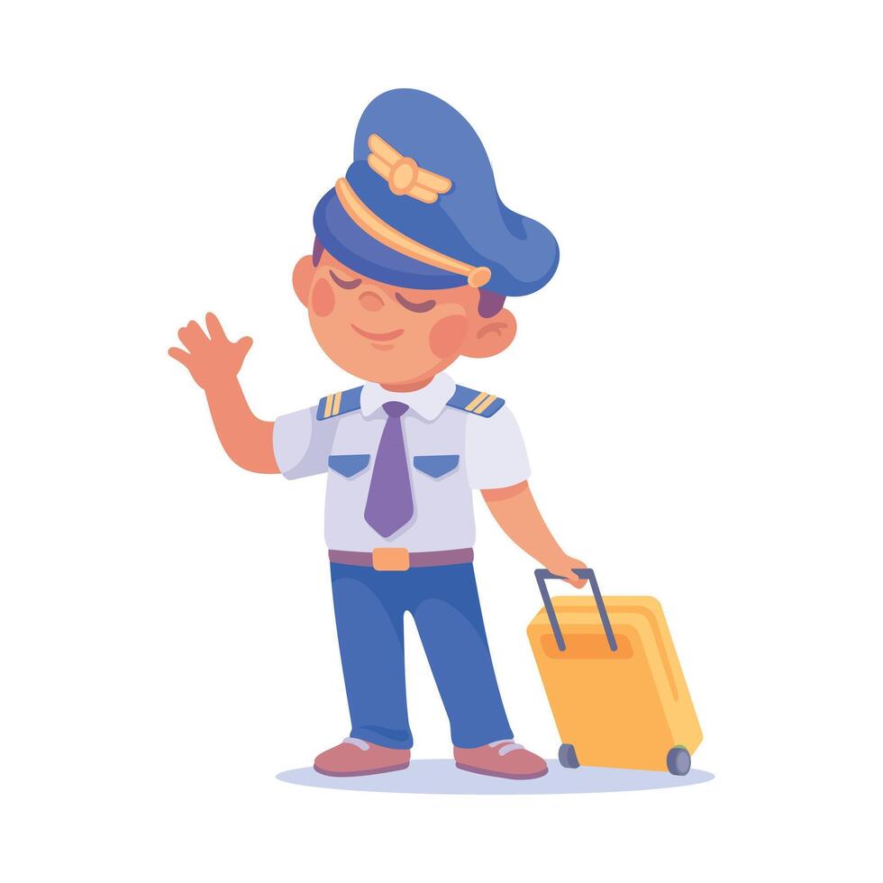 Boy Pilot in Cap with Suitcase as Child Profession Illustration vector