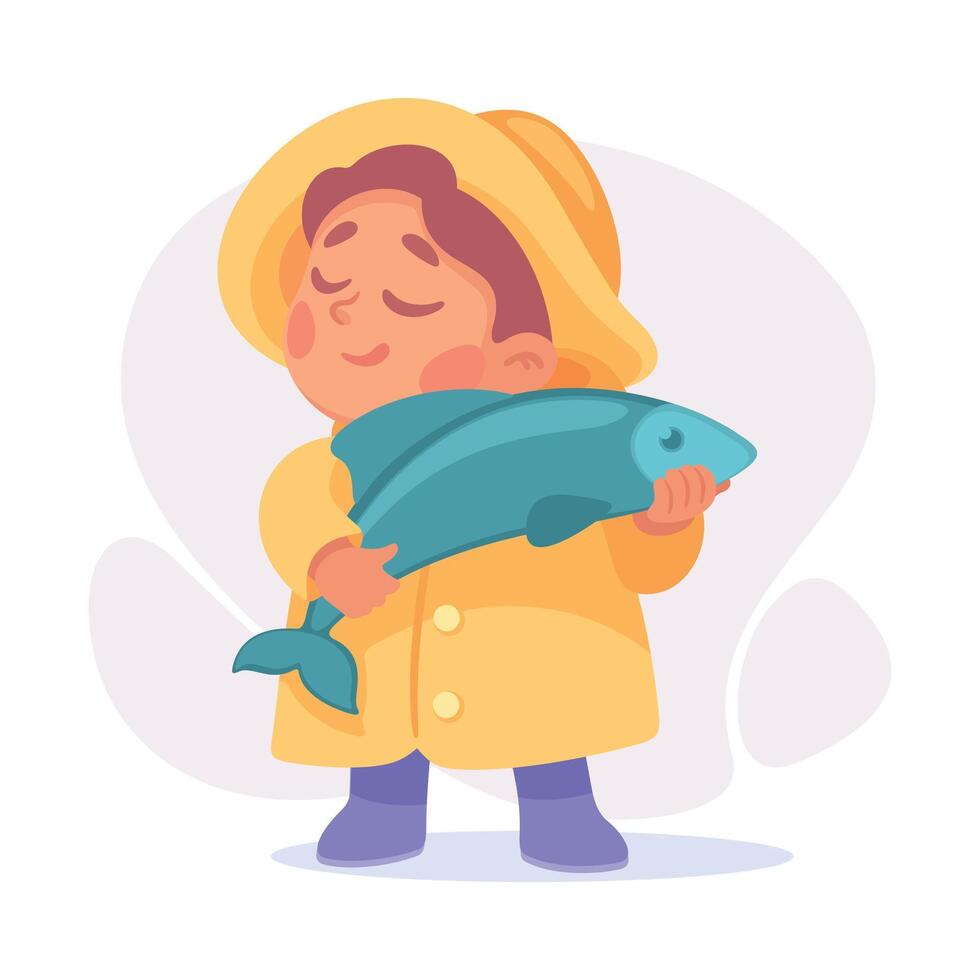 Boy Fisher in Rubber Boot and Coat as Child Profession Illustration vector