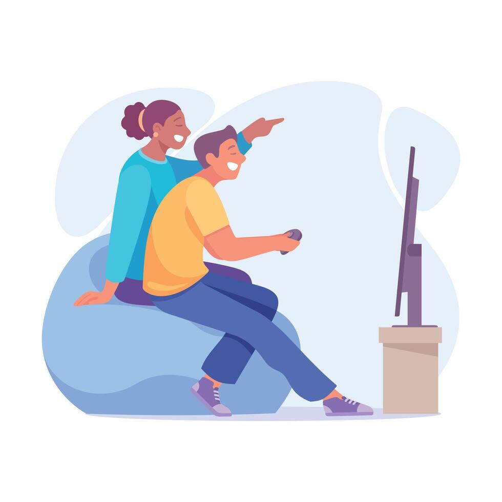 Good Company with Man and Woman Friend Play Computer Game Illustration vector