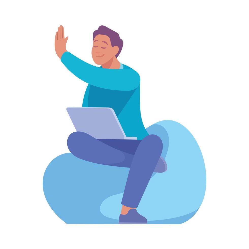 Happy Man Sit with Laptop Give High Five Informal Gesture Illustration vector