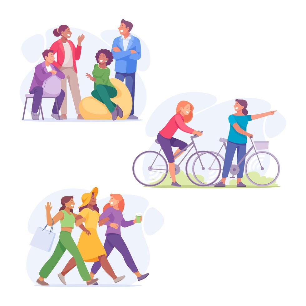Good Company with Man and Woman Friend Sit with Gadget Give High Five Illustration Set vector