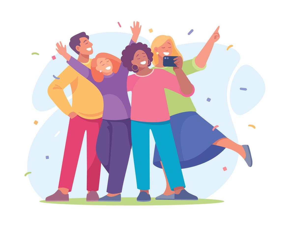 Good Company with Man and Woman Friend Take Selfie Illustration vector