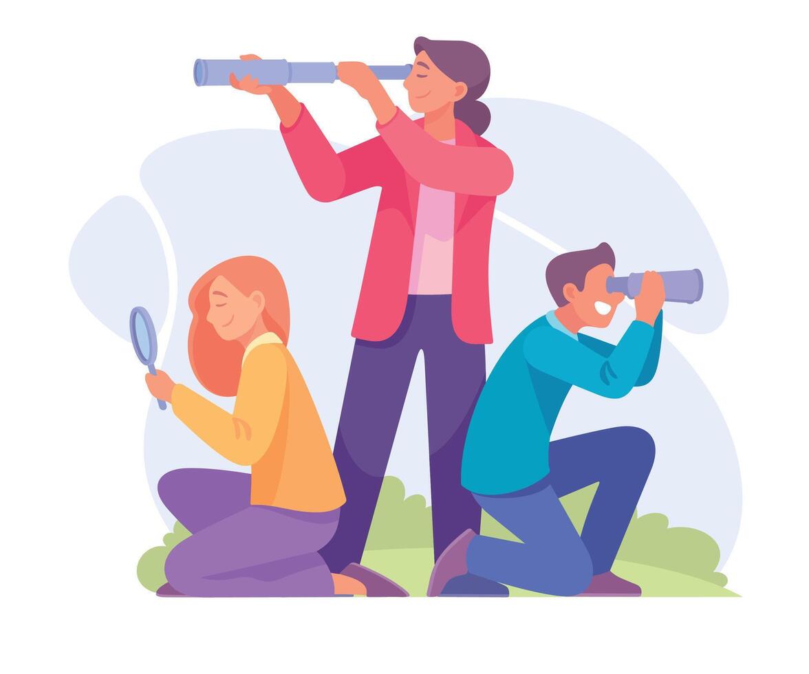 Good Company with Man and Woman Look in Telescope and Magnifier Illustration vector