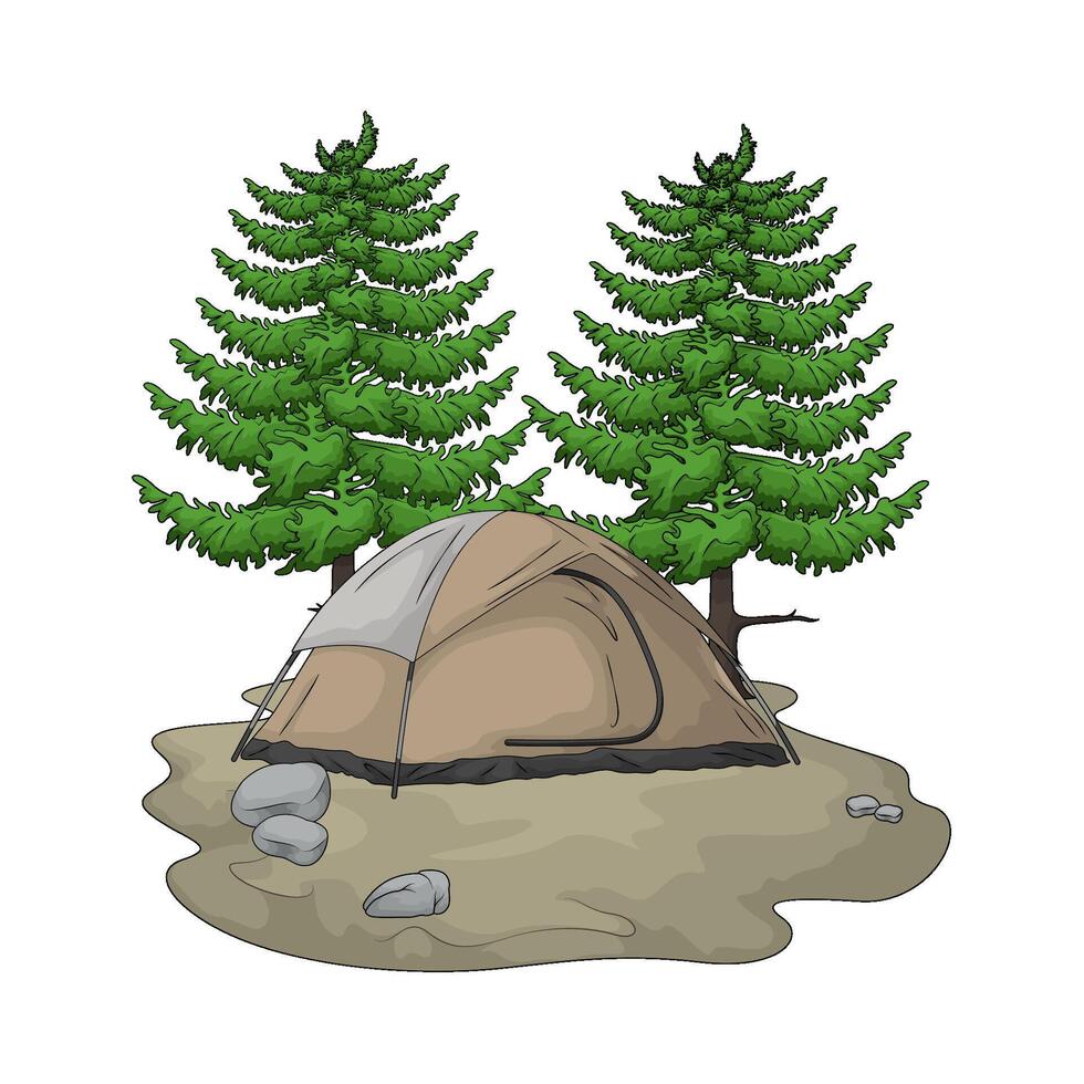 illustration of camping tent with pine tree vector