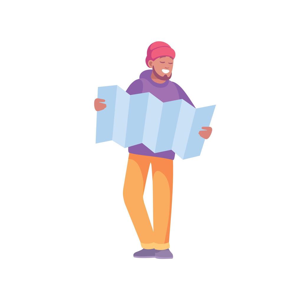 Happy Man Tourist Examine Map Search for Way Illustration vector