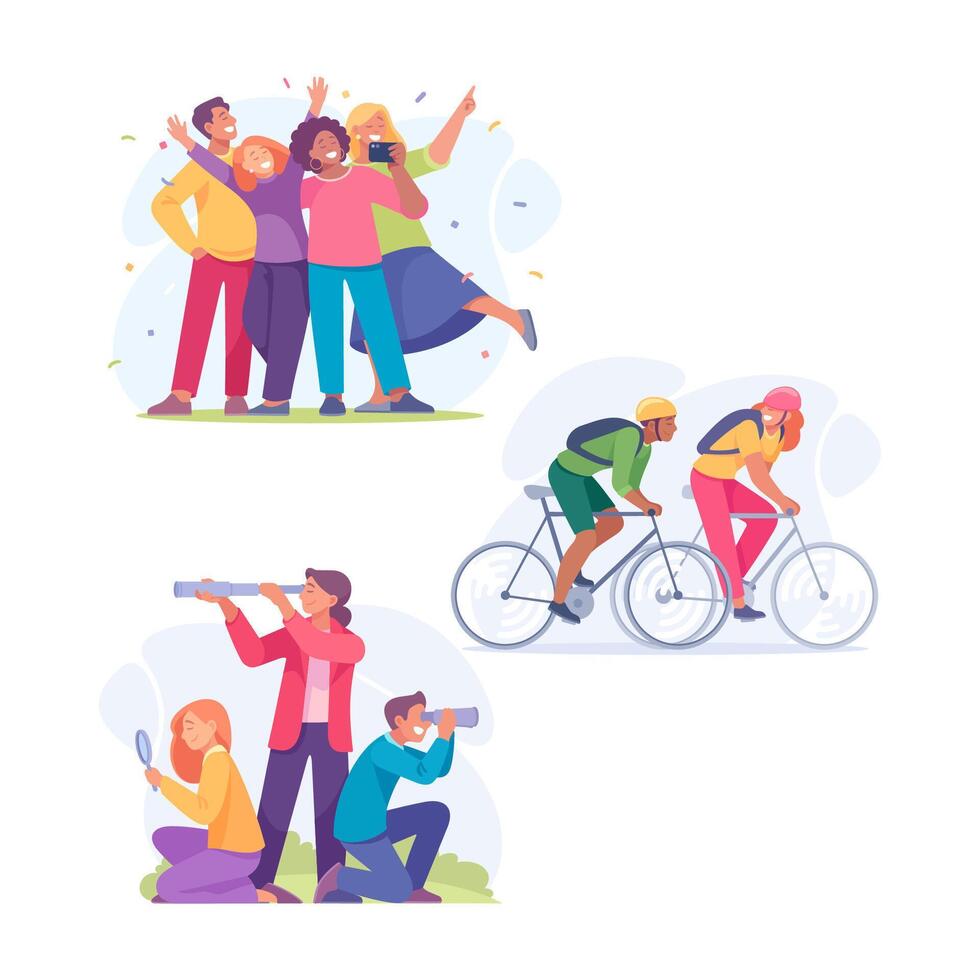 Good Company with Man and Woman Friend Do Different Activity Together Illustration Set vector