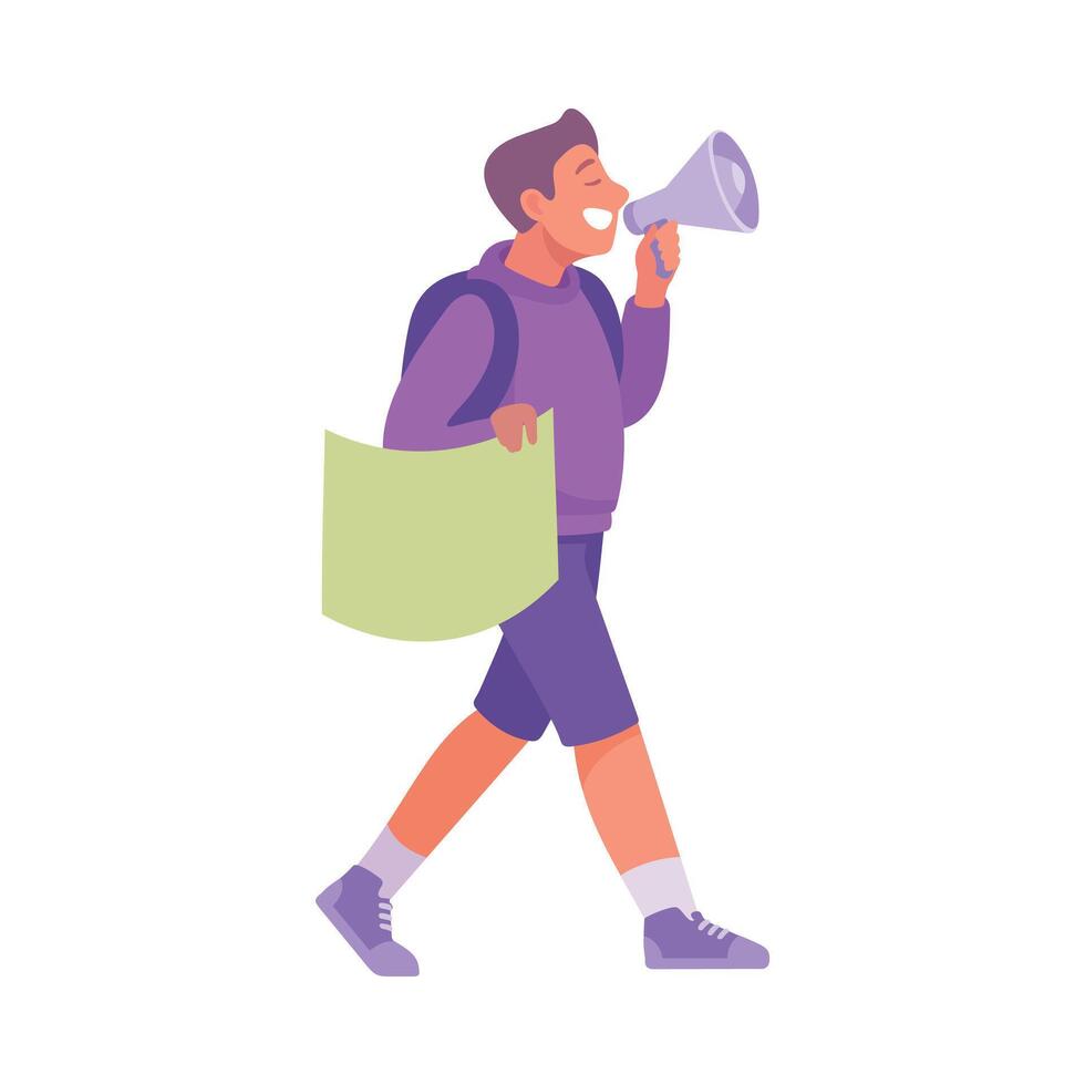 Man Participate in Demonstration with Banner and Megaphone Illustration vector